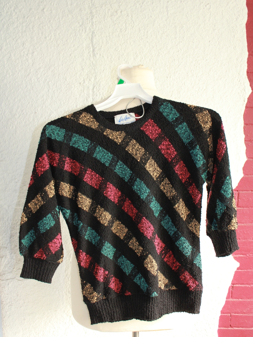 Vintage Multicolor Knit Sweater - Black with Teal, Gold, and Red
